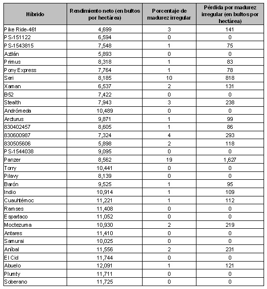 *Rendimiento total que obtendría el híbrido sin daño por madurez irregular.
